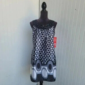 NWT She's Cool Women's Short Black White Gray Satin Pullover Dress Beaded Sz M